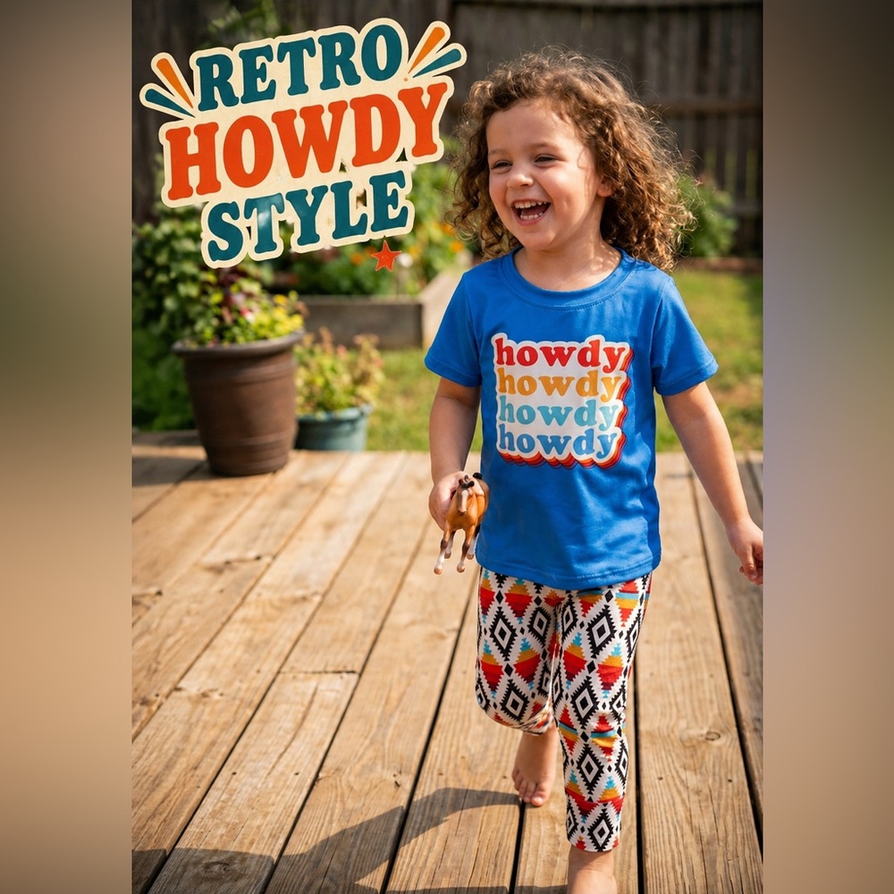 Retro Howdy Blue Aztec Kids Matching Set - Graphic Tee & Patterned Leggings